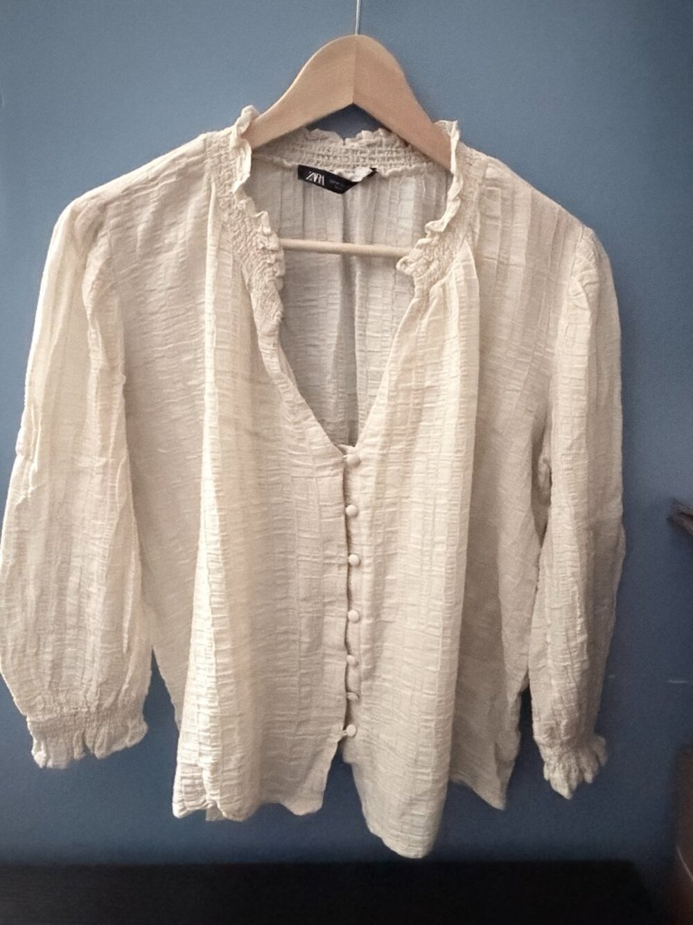 Zara V-neck Blouse Featuring a Button Front and Smocked Ruffle Collar Details--M